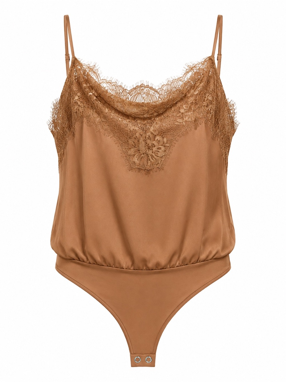 Express Satin Lace-Trim Bodysuit - Tan